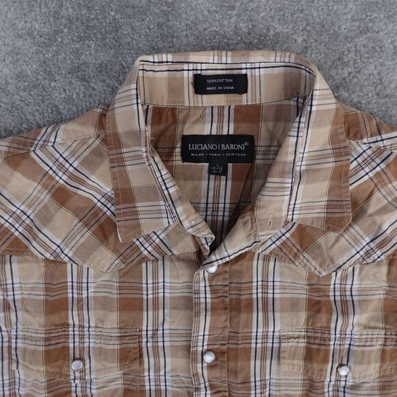 Luciano Baroni Shirt Men Large Brown Plaid Pearl Snap Short Sleeve Cotton Casual - Picture 2 of 8
